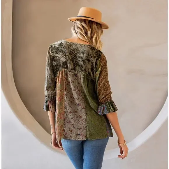 Young Threads Size Medium Gravel Patchwork Velvet Top - Picture 3 of 6